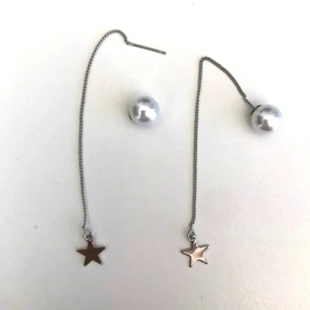 Stars Silver Tone Pearl Threader Earrings NWT - Picture 3 of 4